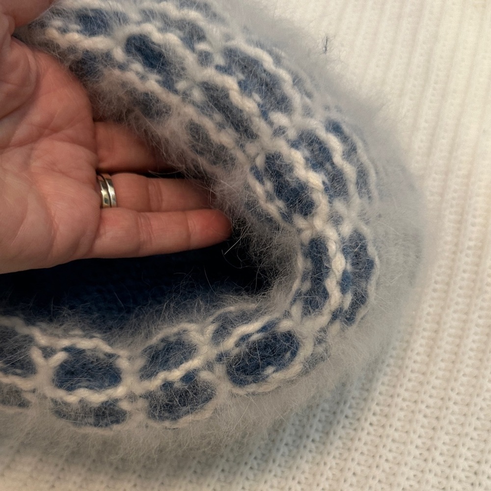 Made in Italy Angora & Wool Cozy Blue and White Beanie Winter Knit Hat, OS - Picture 3 of 11